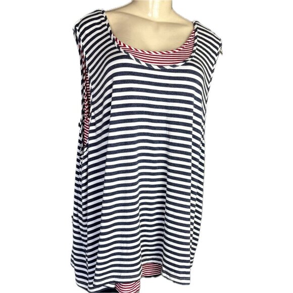 Cha Cha Vente +2X Red-Blue Striped Scoop Neckline Double Layered Tunic Tank Top - Picture 2 of 6